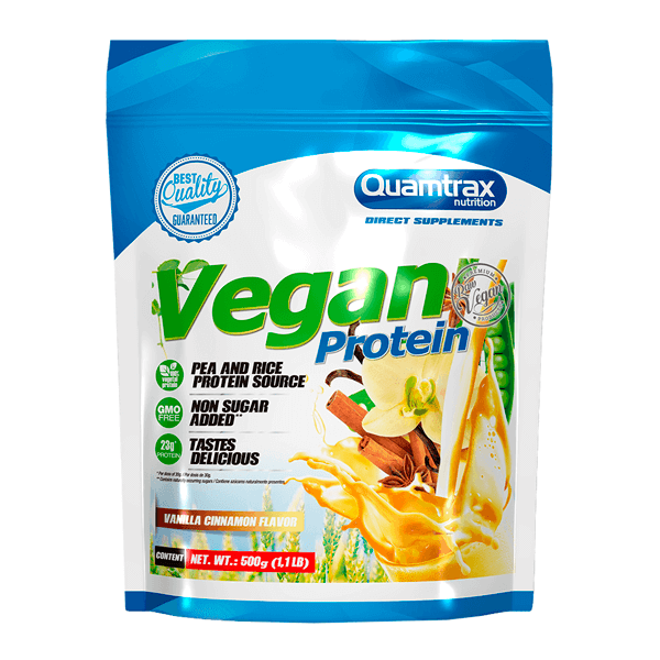 Vegan Protein presentación de 500g del fabricante Quamtrax complemento alimenticio de proteína vegetal y veganos