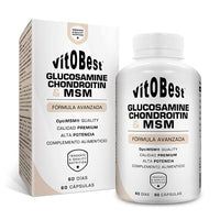 Glucosamina Condroitina MSM envase de 60 cápsulas dentro de fórmulas para mejora articular hecho por VitoBest
