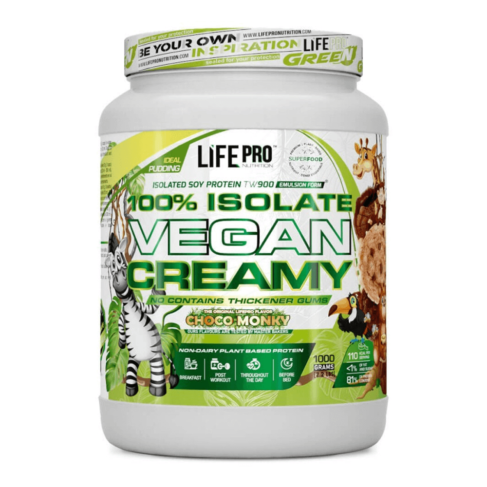 100% Isolate Vegan Creamy bote de 1kg de LifePRO complemento alimenticio de proteína vegetal y veganos