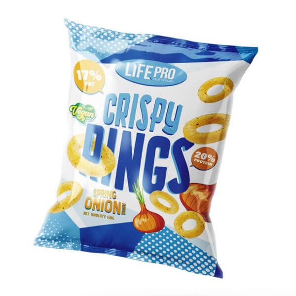 Crispy Rings 20% Protein Spring Onion bote de 60g por LifePRO - aperitivos para picar
