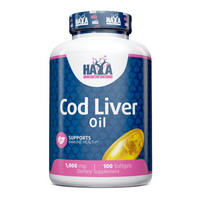 Aceite de Hígado de Bacalao 1000mg en 100 softgels de la marca Haya Labs suplemento de la sección aceite de pescado
