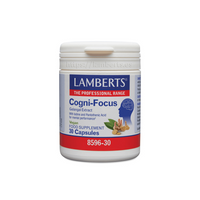 Cogni-focus envase de 30 cápsulas suplemento de la sección pre entreno hecho por Lamberts
