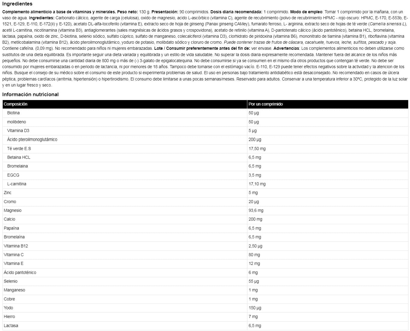 Información nutricional